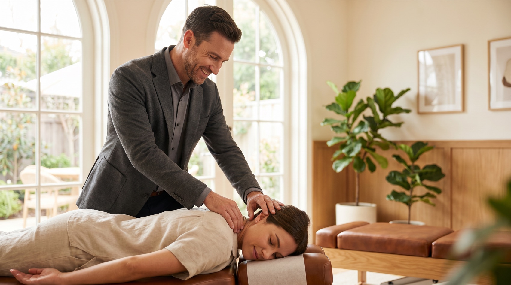 Chiropractor adjusting a smiling patient in a modern clinic